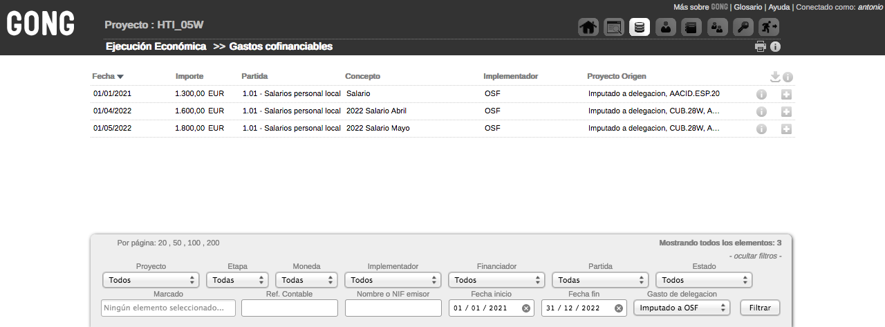 Listado proyecto gastos cofinanciados