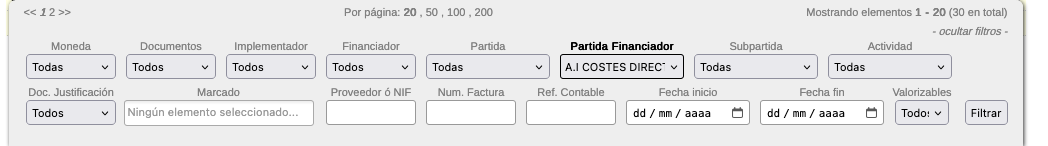 Filtros del listado de gastos