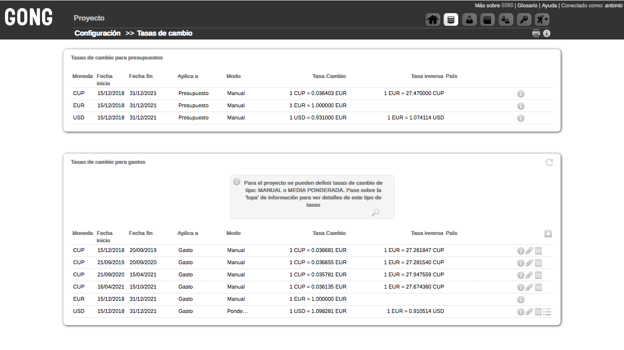 Listado de tasas de cambio